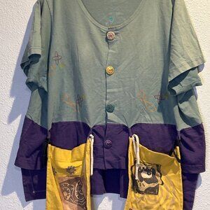 Vintage Blue Fish Womens oNE Size UTILITY ART Pockets  Button Short Sleeve